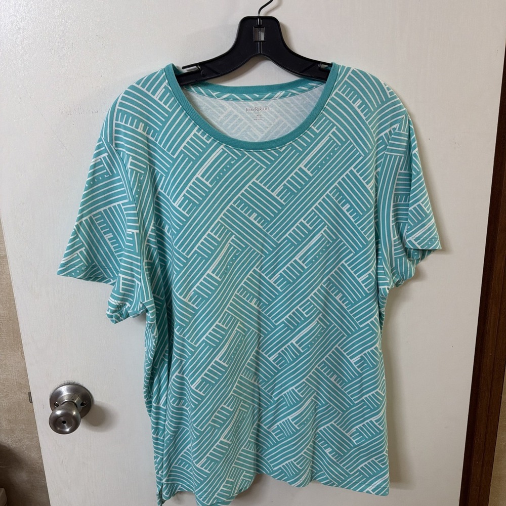 Kim Rogers Woman XXL Green And White Short Sleeved Shirt